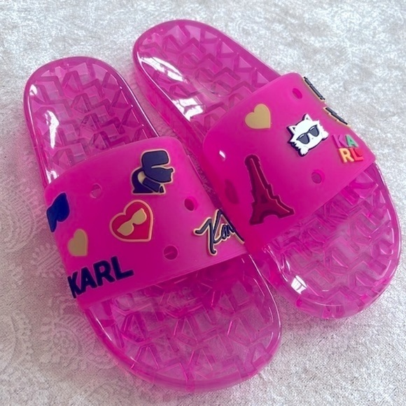 Brand New Karl Lagerfeld Paris Thea Jelly Pool Slides Embellished Pink Sandals - Picture 3 of 16